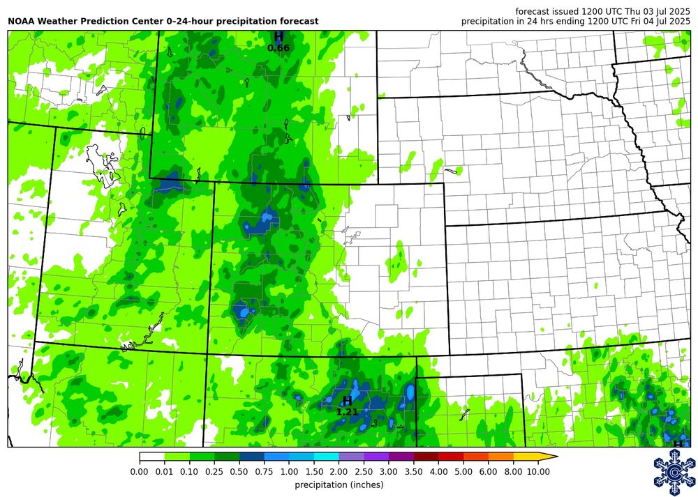 Map of forecast precipitation from the NOAA Weather Prediction Center, showing amounts from 0.1"-0.5" across most of western Colorado on Thursday July 3, 2025.