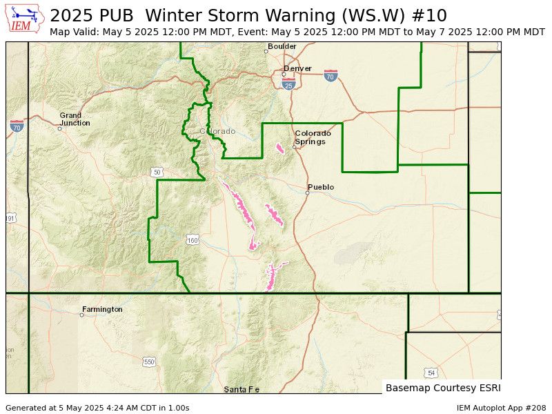 Winter storm warning for the mountains above 10000 feet in southern Colorado.