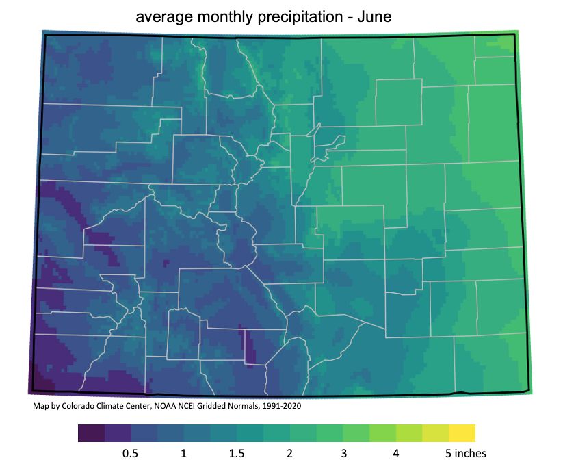 Average precipitation for June in Colorado, with values in southwestern Colorado less than one inch in most places.