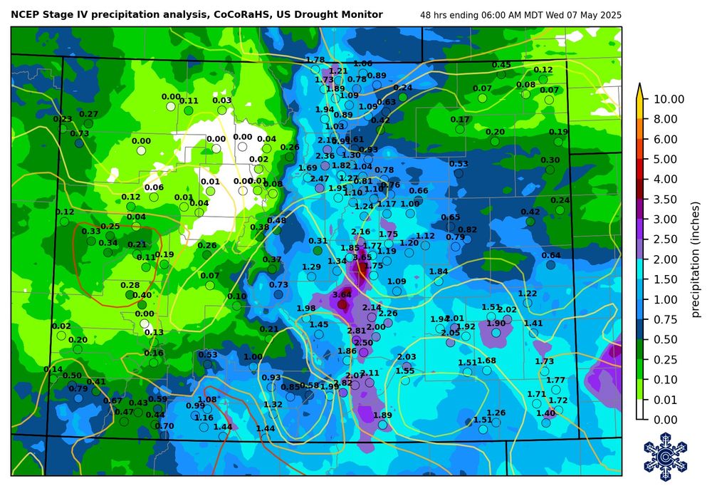 Map of precipitation in Colorado over the two days ending Wednesday morning, 7 May 2025. The gridded analysis and CoCoRaHS observations show over 1.5" across southeastern Colorado, and higher amounts west of Colorado Springs, near Cañon City, and the southern Sangre de Cristo range.