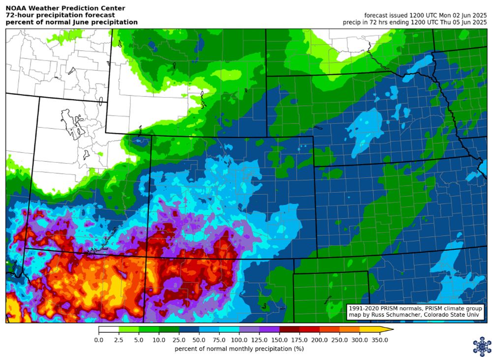 Percent of the average June precipitation in the 72-h Weather Prediction Center forecast. Most of southwestern Colorado is predicted to get more than their average rainfall for all of June in the next 3 days, with some spots in southern Colorado predicted to get more than double their June average.