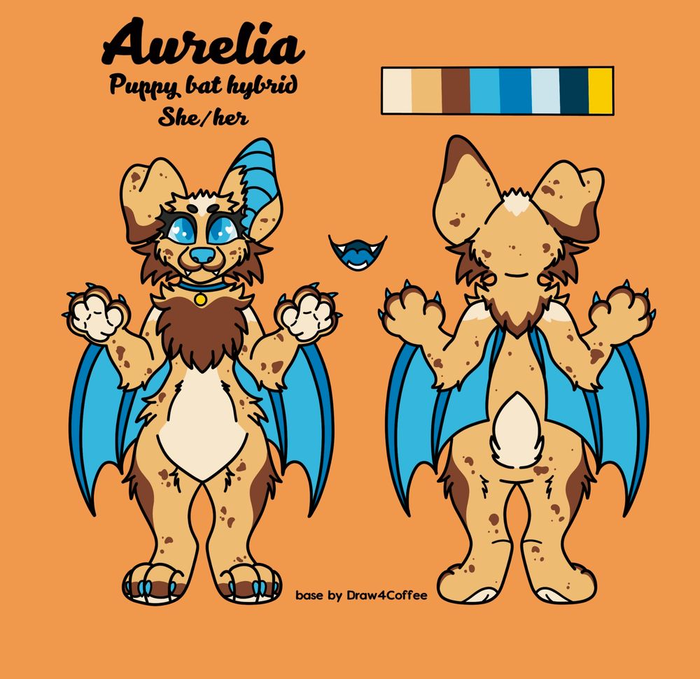 Front and back reference sheet of my fursona Aurelia. She is a puppy bat hybrid