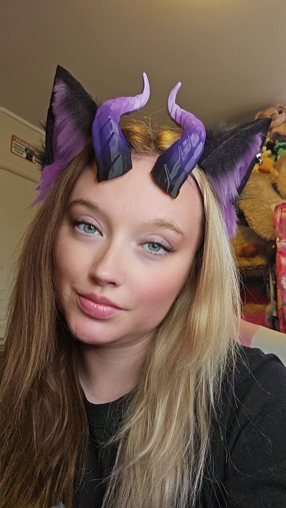 Try on for some faux fur horned fox fursona ears 💜🖤