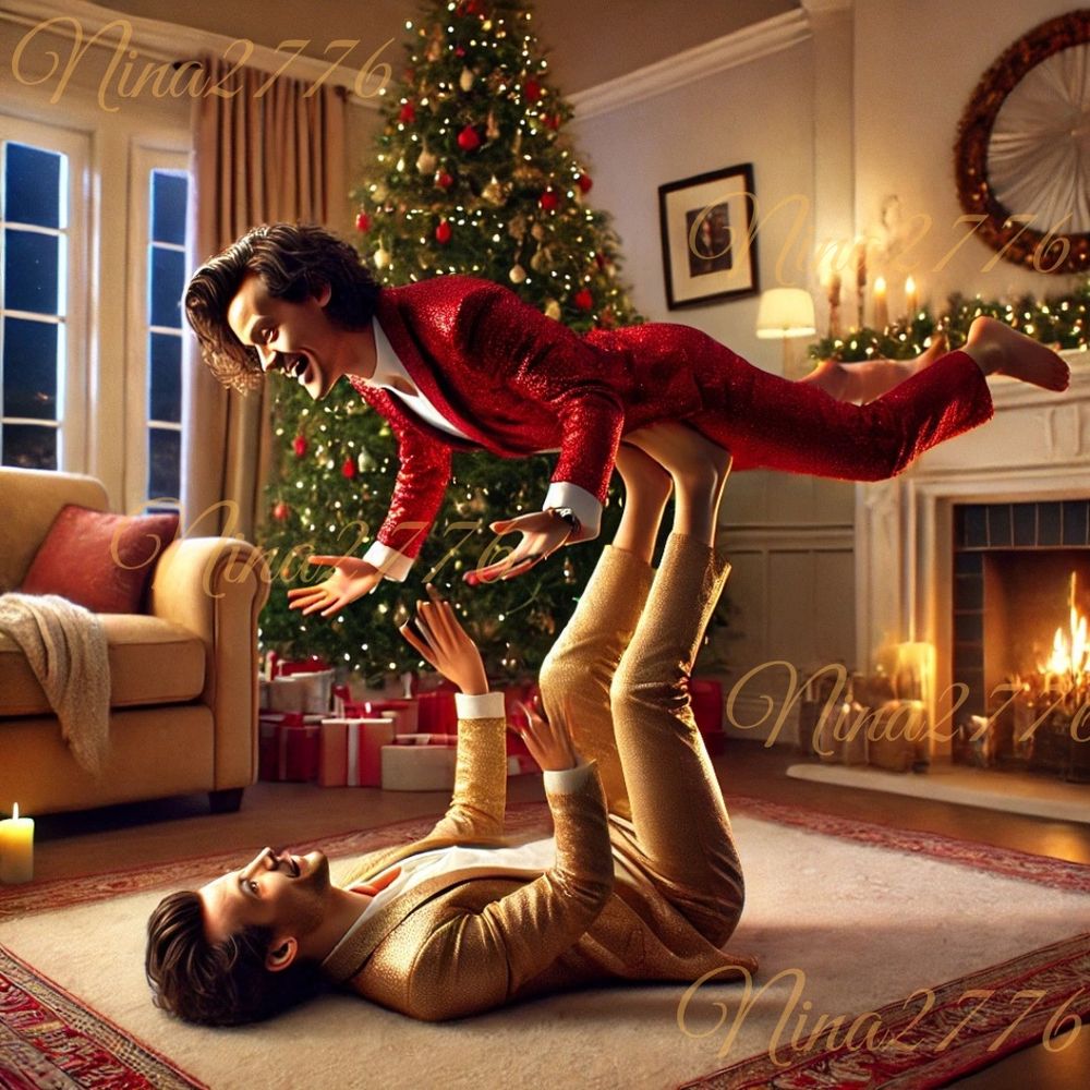 Louis lying on the floor. He has Harry on his feet in the plane position. Louis is dressed in a golden suit and Harry in a red one.