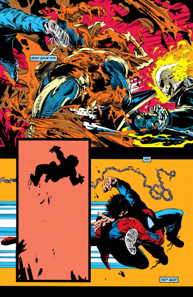Ghost Rider crashes into Hobgoblin. Spider-Man rescues a child.