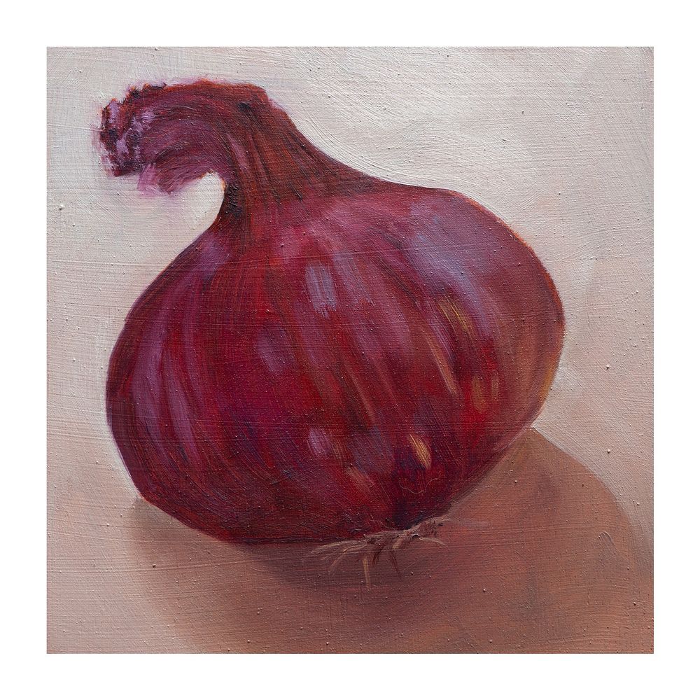 Small oil painting of a red onion