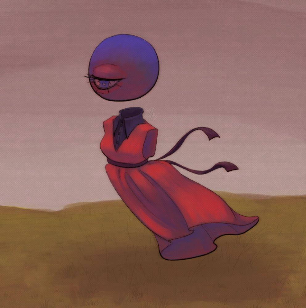 A disembodied figure with a spherical blue head and one eye, stands in a windy field. 