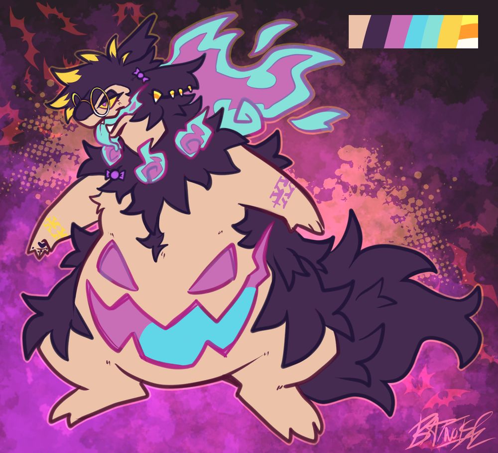 Hisuian Typh / Gourgeist fusion. Jack-O-Baddon has a yellow belly and dark purple fur. she has pink and blue flames but yellow highlights. she wears candycorn earrings and little bonbons like pins