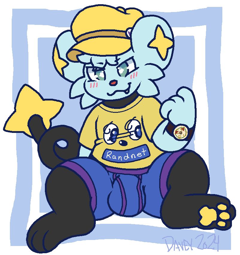 Digital illustration of a Shinx character, wearing a yellow hat and T-shirt, and a blue pair of boxer briefs with purple bands; the briefs are rather tight, displaying a clear penile bulge. He is sitting down while looking at the viewer sultrily, gesturing with his finger so as to say "come here".