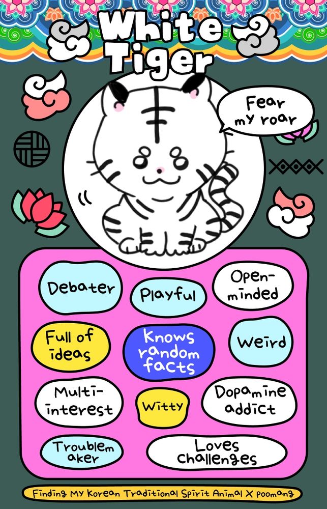 A quiz result image titled White Tiger and featuring an adorable cartoon drawing of one. It's on a colorful template with the words "Debater, playful, open-minded, full of ideas, knows random facts, weird, multi-interest, witty, dopamine addict, troublemaker, loves challenges" and a credit line that says "Finding My Korean Traditional Spirit Animal x poomang" 
