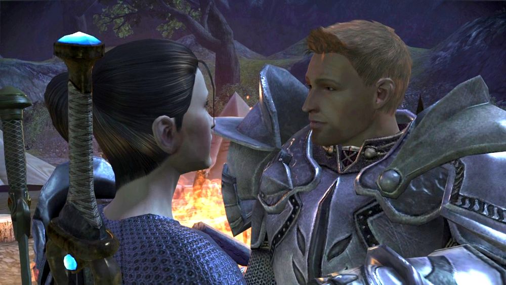 A screenshot from Dragon Age: Origins featuring my Warden, Elaryn Cousland, and Alistair about to kiss. 