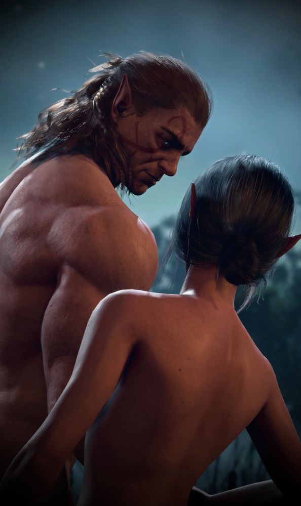 Halsin and my Tav, Lynaea, a female wood elf, naked at night. Lynaea's back is to the camera and Halsin looks over his very muscular shoulder at her like he's going to devour her in the best way. 
