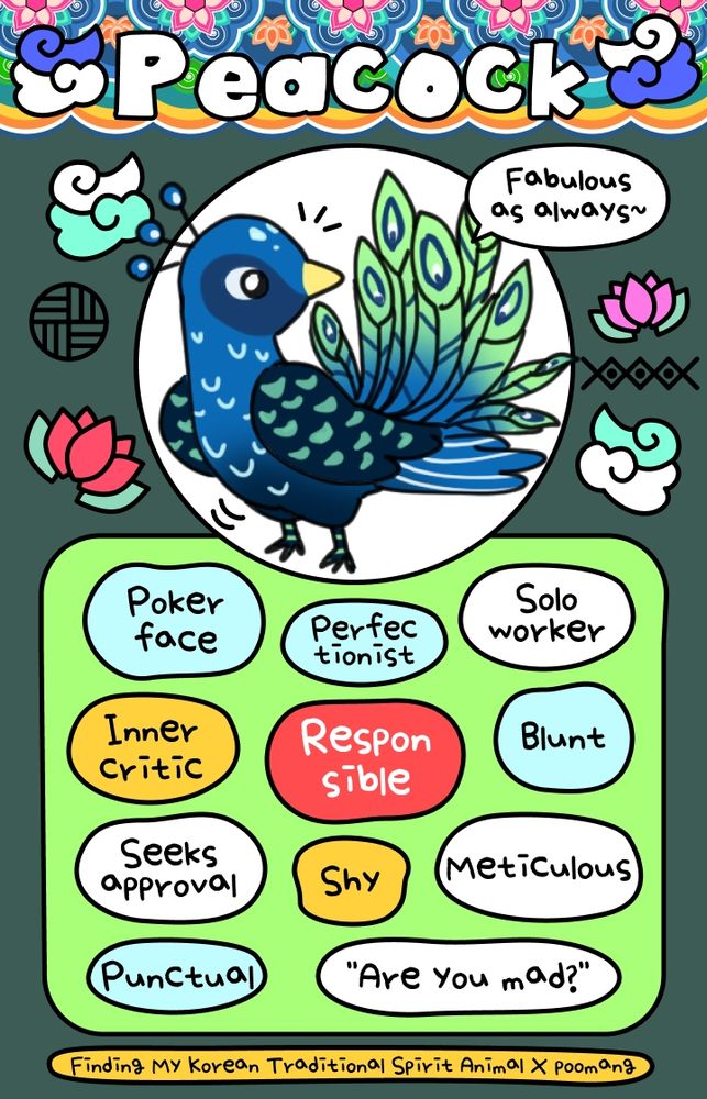 A quiz result image titled Peacock and featuring an adorable cartoon drawing of one. It's on a colorful template with the words "Poker faced, perfectionist, solo worker, inner critic, responsible, blunt, seeks approval, shy, meticulous, punctual, are you mad?" and a credit line that says "Finding My Korean Traditional Spirit Animal x poomang" 
