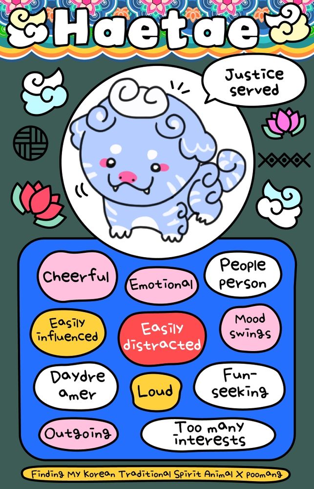 A quiz result image titled Haetae and featuring an adorable cartoon drawing of one. It's on a colorful template with the words "Cheerful, emotional, people person, easily influenced, easily distracted, mood swings, daydreamer, loud, fun-seeking, outgoing, too many interests" and a credit line that says "Finding My Korean Traditional Spirit Animal x poomang" 