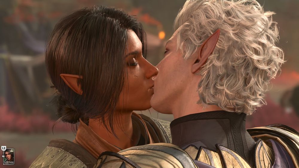 A screenshot from Baldur's Gate 3 featuring my Tav, Lynaea, kissing Astarion.