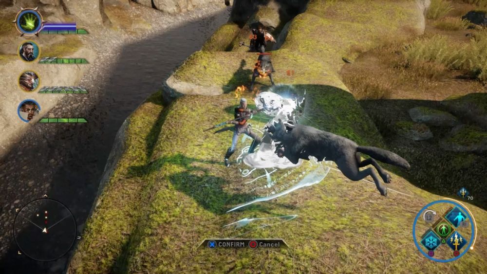 Screenshot from Dragon Age Inquisition showing a spirit protecting Marian from a lunging wolf. 