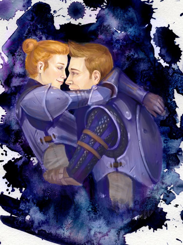 Watercolor styled digital art of Alistair and Elaryn Cousland happily embracing. They're both in grey and blue Grey Warden armour. 