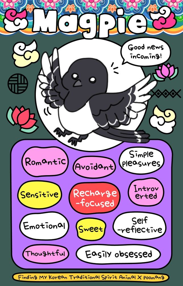 A quiz result image titled Magpie and featuring an adorable cartoon drawing of one. It's on a colorful template with the words "Romantic, avoidant, simple pleasures, sensitive, recharge-focused, introverted, emotional, sweet, self-reflective, thoughtful, easily obsessed" and a credit line that says "Finding My Korean Traditional Spirit Animal x poomang" 
