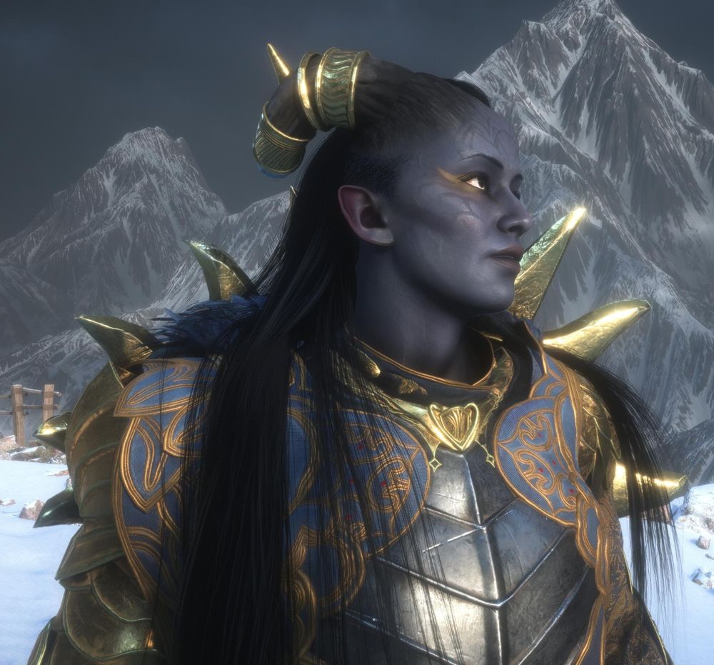 A screenshot from Dragon Age Veilguard showing Ruya Laidir, a Qunari warrior, in profile. 