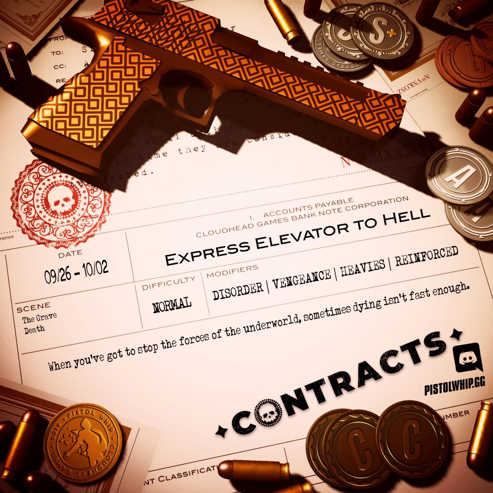 Imagery with coins, bullets, and a pistol overlaid on a paper contract with large red stamp. Text reads: Express Elevator to Hell. September 26th to October 4th. Scenes: The Grave and Death. Difficulty: Normal. Modifiers: Disorder, Vengeance, Heavies, and Reinforced.  Description: When you've got to stop the forces of the underworld, sometimes dying isn't fast enough.