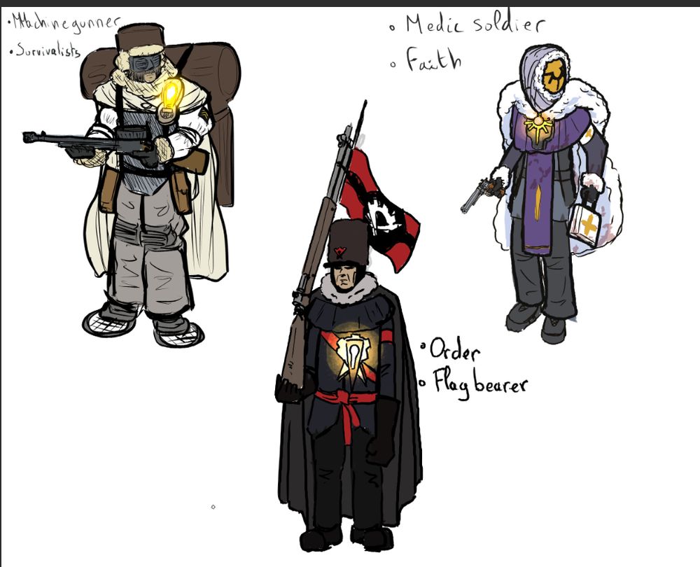3 designs of 3 different soldiers, for each "path" you have in the hit game Frostpunk , being Normal, Order, and Faith