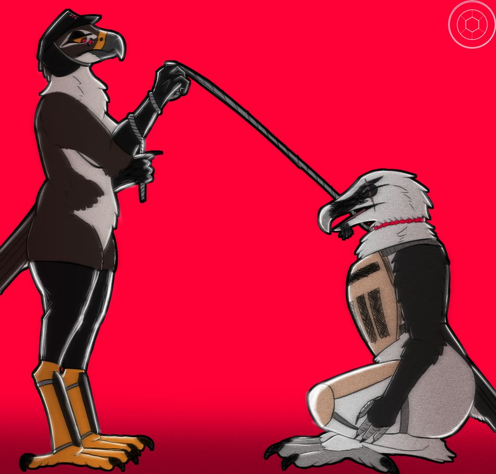 An anthro falcon women wears latex, and an officers hat. She holds a leash and stands over a bearded vulture. The vulture wears only a collar, plate carrier, and knee pads. They have a scar covering their closed left eye.