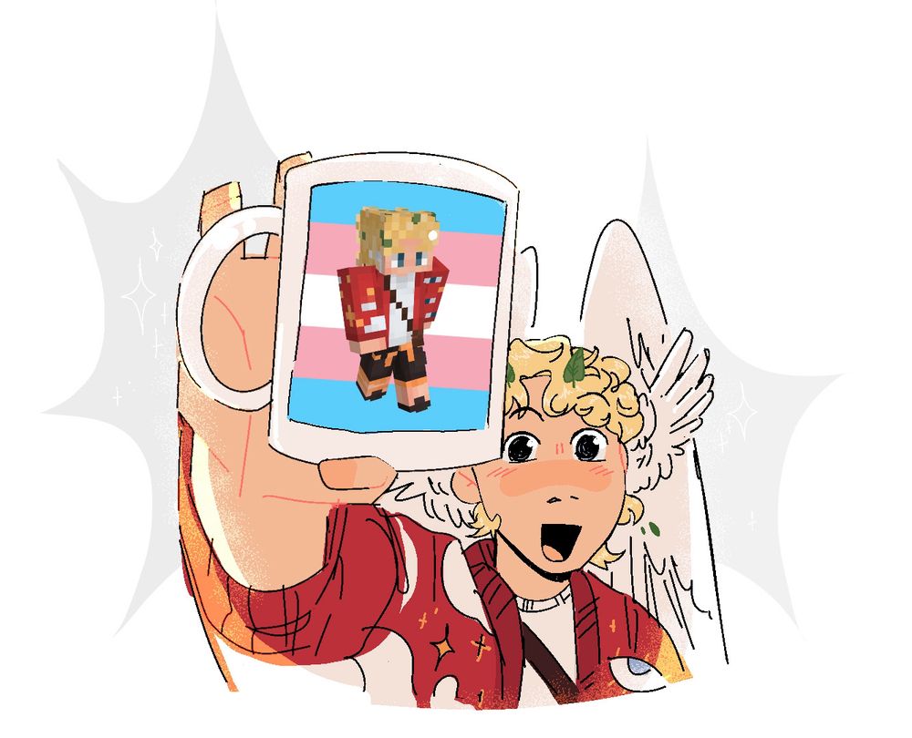 AK!fe holding up a mug with his cubito skin over a trans flag on it