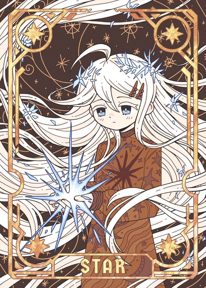light brown yellow illustration girl with white hair holding a star