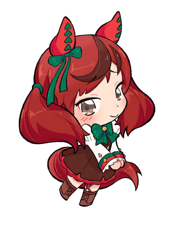 a chibi of Nice Nature from Uma Musume Pretty Derby! she’s a girl who has big fluffy red pigtails that curl around her face, horse ears on the top of her head, and a long red horse tail. her ears have red fabric covers on them, and they are decorated with green accents and a green ribbon. she’s wearing a dark brown dress, and has light brown knee high boots. her color scheme is very “christmassy” and represents her overall poinsettia theming. she’s looking shyly at the camera with both arms in front of her, hands clasped.