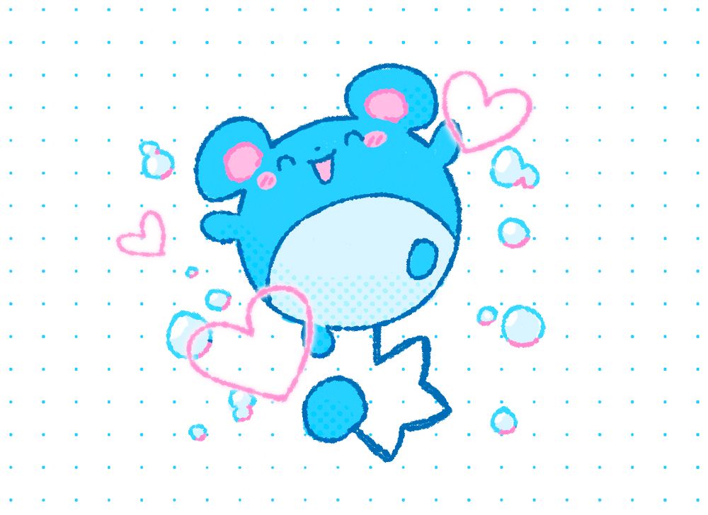 a doodle of the pokemon, marill, on a dot grid background! the color scheme is aqua blue and pink; marill is jumping, surrounded by bubbles and pink hearts.