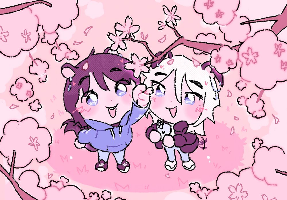 Two people with animal ears stand beneath bright pink cherry blossom branches! They are both looking up at the blossoms, and the person on the left is reaching up to catch a falling flower petal. The character on the left has black hair, blue eyes, and a blue hoodie. He also has black chipmunk ears and a long chipmunk tail. The character on the right has white hair, blue eyes, and a black jacket. He has black puppy ears and a black puppy tail that is wagging excitedly! They both have big smiles and both characters are blushing!