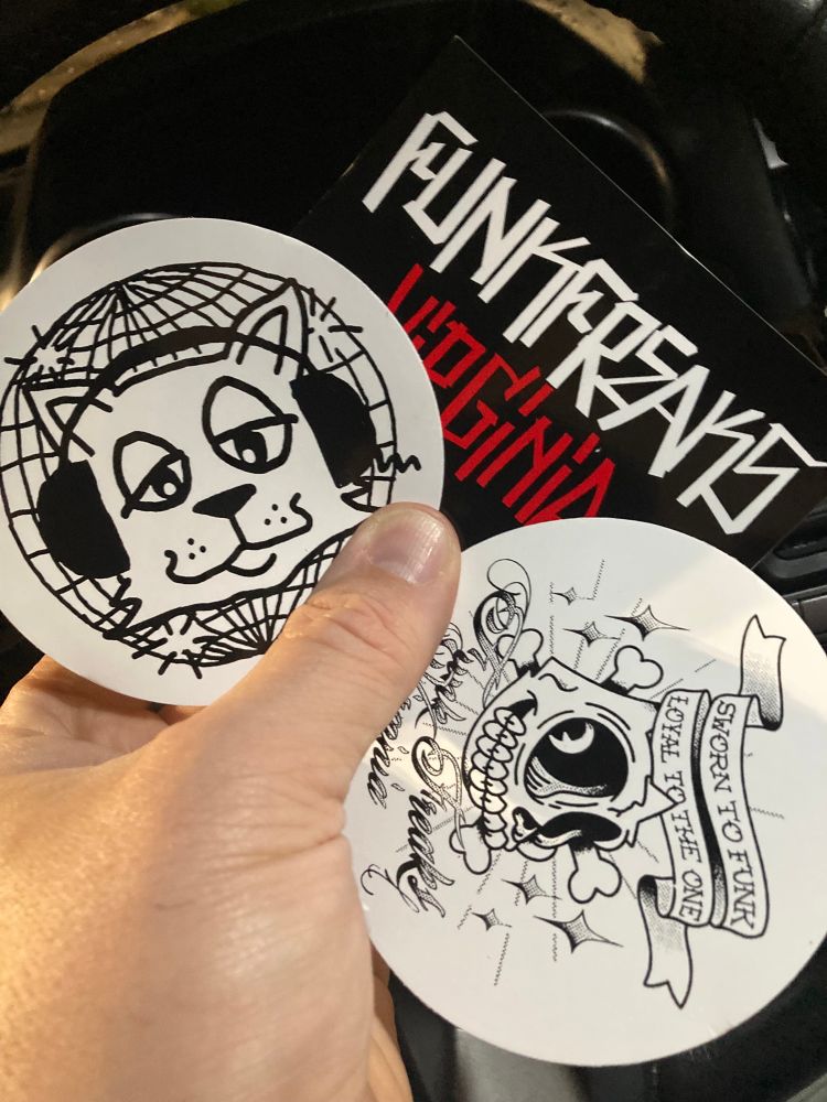 Picture of my sleepy disco cat logo, a funk freaks Virginia tag red/white sticker and another funk freaks sticker with a banner that says sworn to funk, loyal to the one and a Felix the cat skull and crossbones with funk freaks Virginia written in script