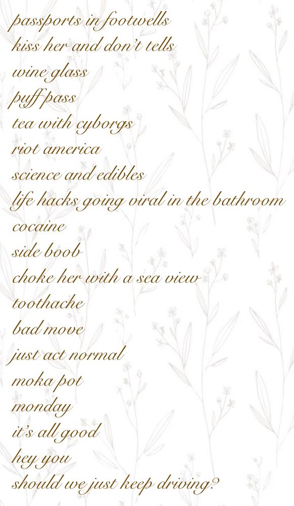 text that reads:

passports in footwells kiss her and don't tells wine glass puf pass tea with cyborgs
rot america
science and edibles
life hacks going viral in the bathroom
cocaine side boob
choke her with a sea view toothache bad move
just act normal moka pot
monday
it's all good hey you
should we just keep driving?