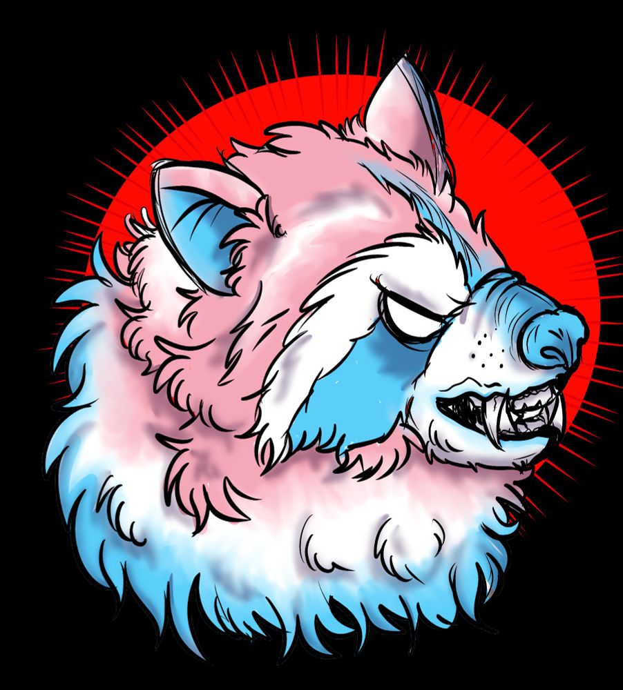 A snarling raccoon in trans pride colours