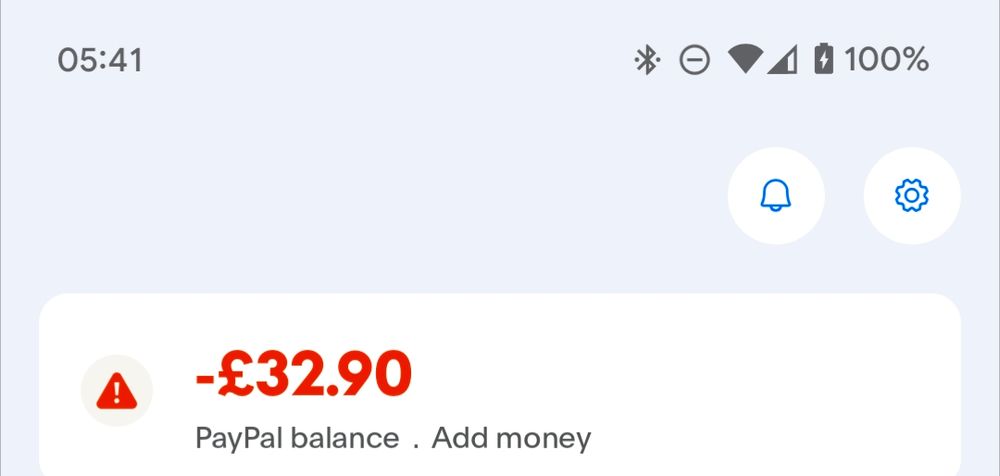 A PayPal balance at -£32.90