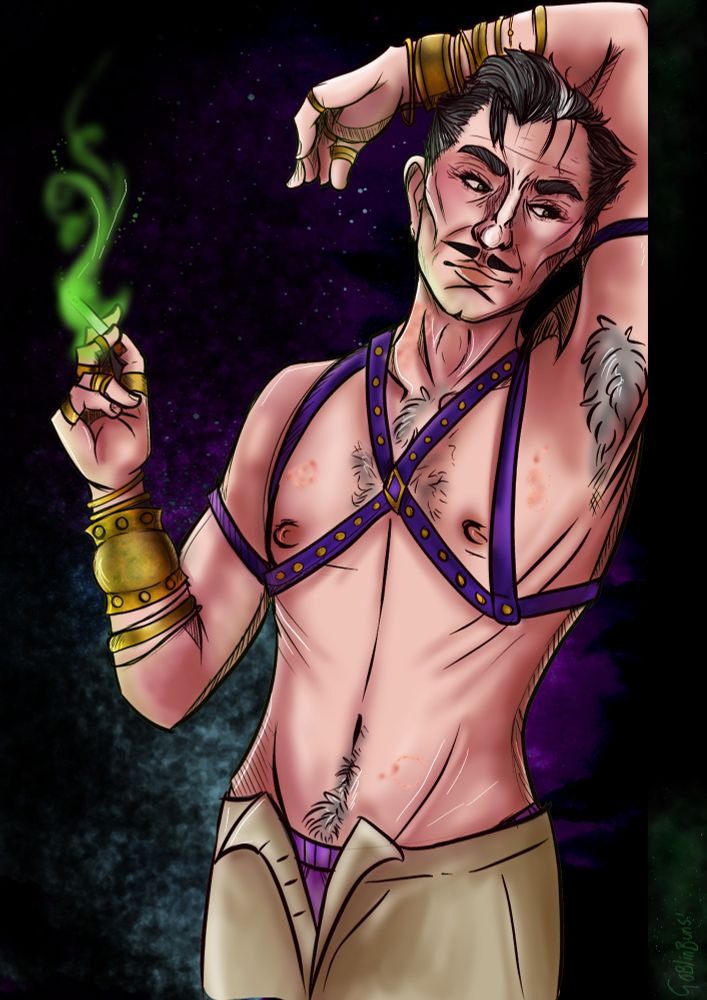 Emmrich, shirtless in a purple and gold harness, leaning against the side of the canvas, holding a cigarette lit by veilfire