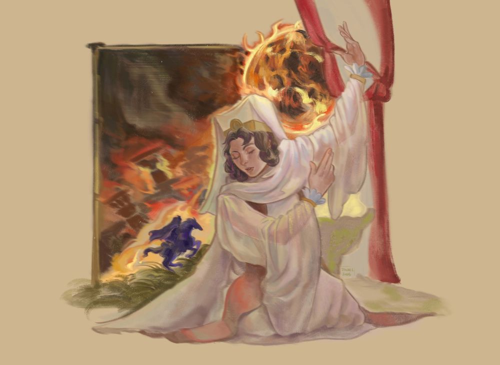 girl in white robes performing a ritual, cradling a burning sun conjured from a vessel, while buildings burn in the background as a silhouetted horseback rider gallops on grassland
