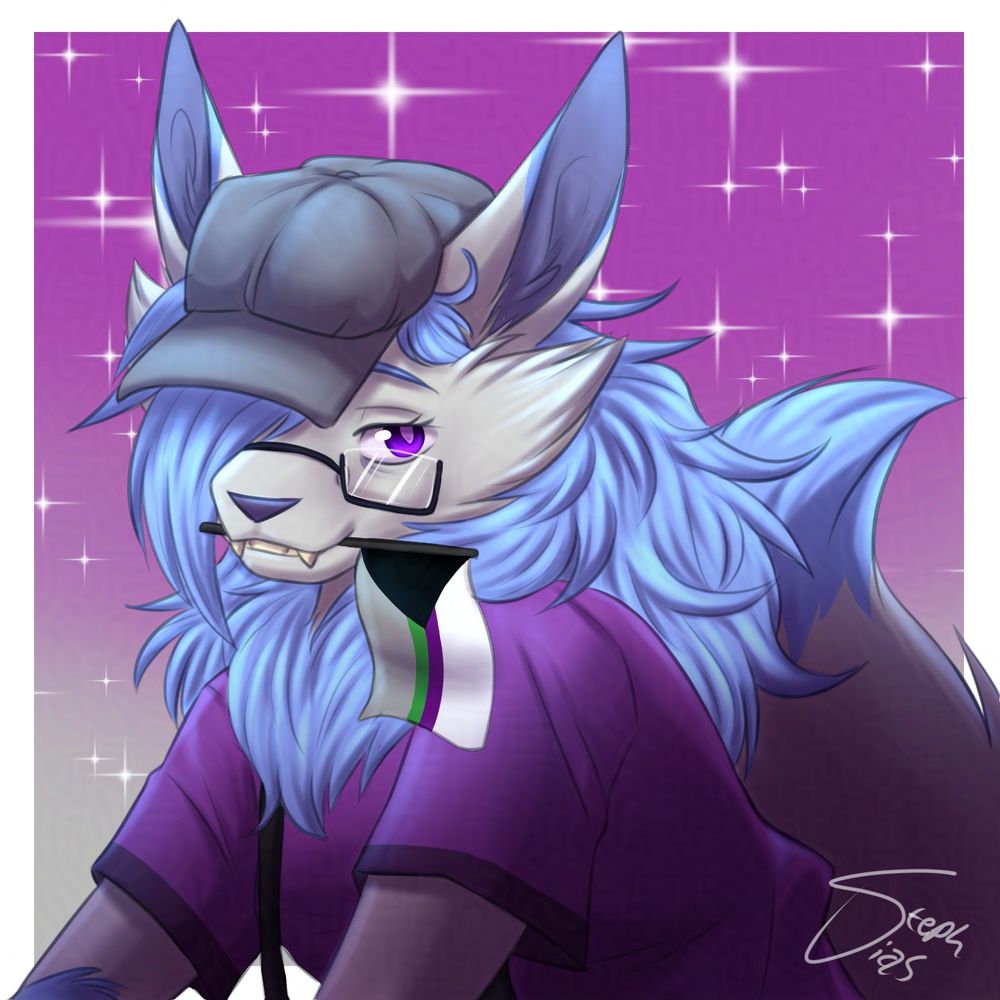 Steph, my fursona, a silver and light blue fox-like anthro wearing a purple shirt and grey hat, is holding a demirose flag in her mouth