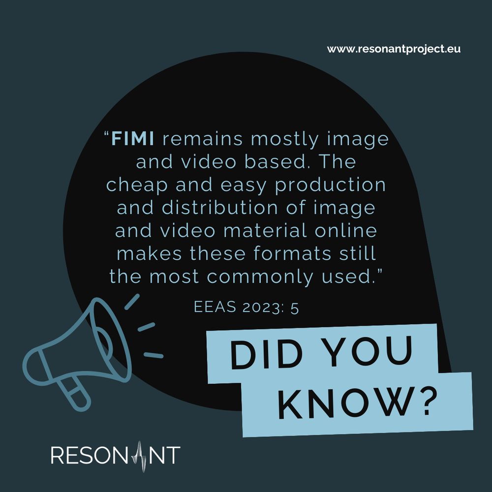 The picture shows an information box which first asks "Did you know?" and then explains: "FIMI remains mostly image and video based. The cheap and easy production and distribution of image and video material online makes these formats still the most commonly used." The source of this statement is EEAS from 2023: 5. Last, but not least, the image shows the logo of the RESONANT project and the link to the regarding website: www.resonantproject.eu.