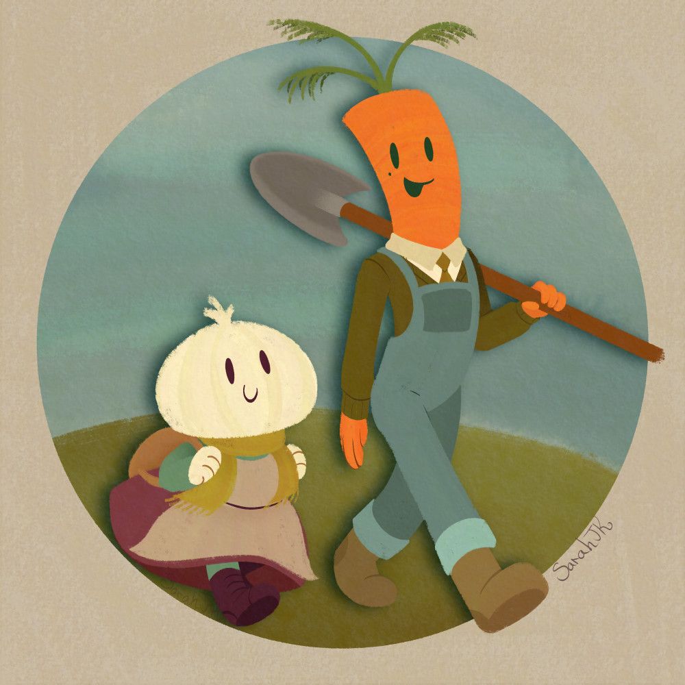 Art of a garlic person and a carrot person walking together