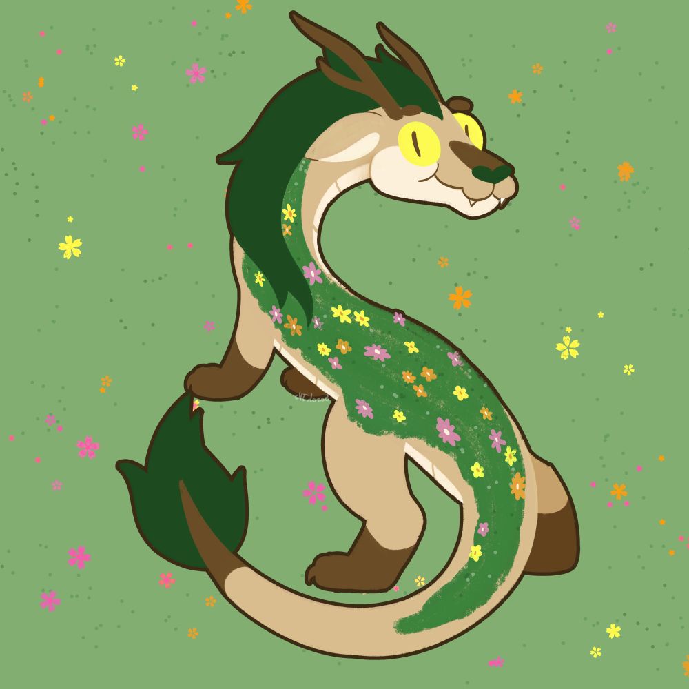 Drawing of a tan dragon with a light underbelly and brown ends on her limbs. She has branchlike horns, a dark green main and tail tuft. Her back is covered with a grassy patch that has yellow, pink, and orange flowers growing on it