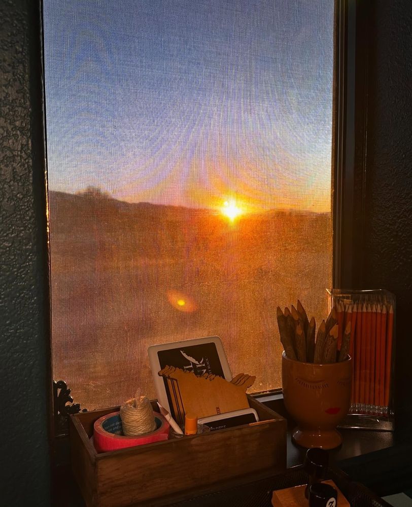 View of a beautiful sunrise obscured by a solar screen window cover.