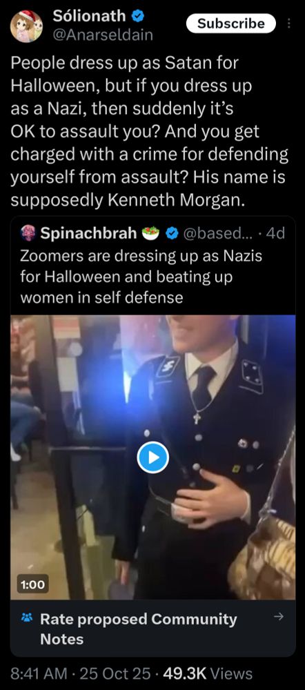 People dress up as Satan for Halloween, but if you dress up as a Nazi, then suddenly it’s OK to assault you? And you get charged with a crime for defending yourself from assault? His name is supposedly Kenneth Morgan.