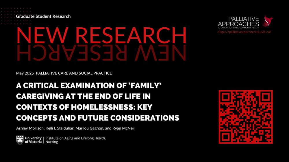 Graduate Student Research
New Research
May 2025 Palliative Care and Social Pracctice
A critical examination of 'family' caregiving at the end of life in contexts of homelessness: Key concepts and future considerations
Ashley Mollison, Kelli I Stajduhar, Marilou Gagnon, and Ryan McNeil
University of Victoria Institute on Aging and Lifelong Health and School of Nursing 