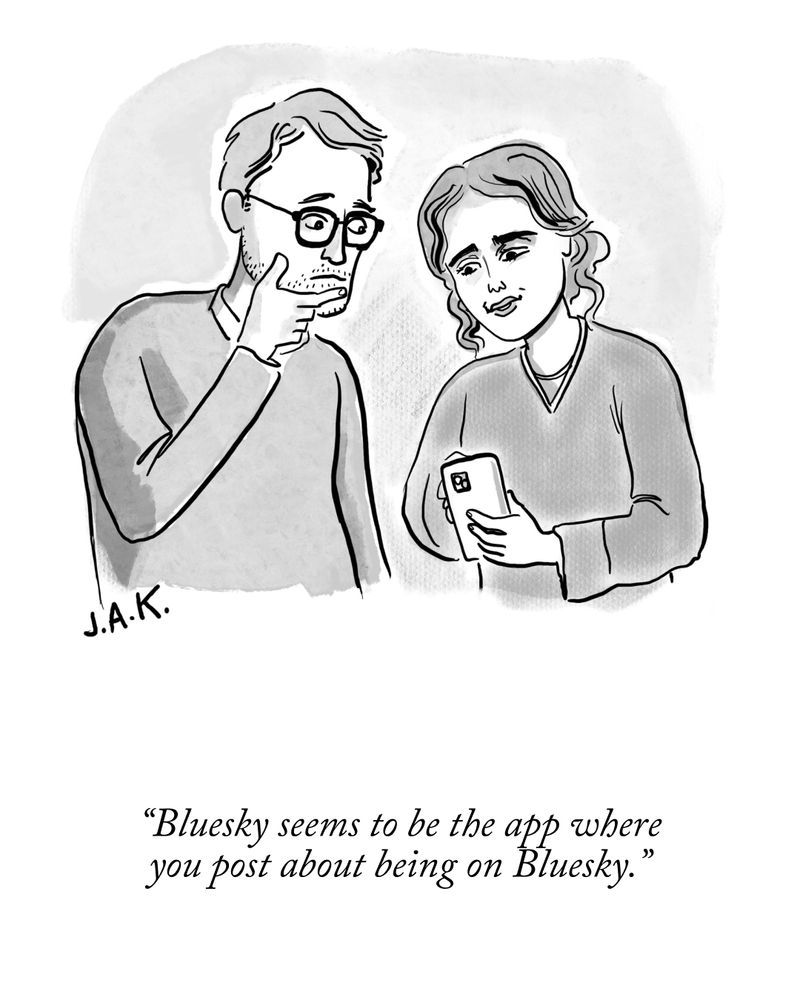 Two people frown at a phone. One says to the other, “Bluesky seems to be the app where you post about being on Bluesky.”
