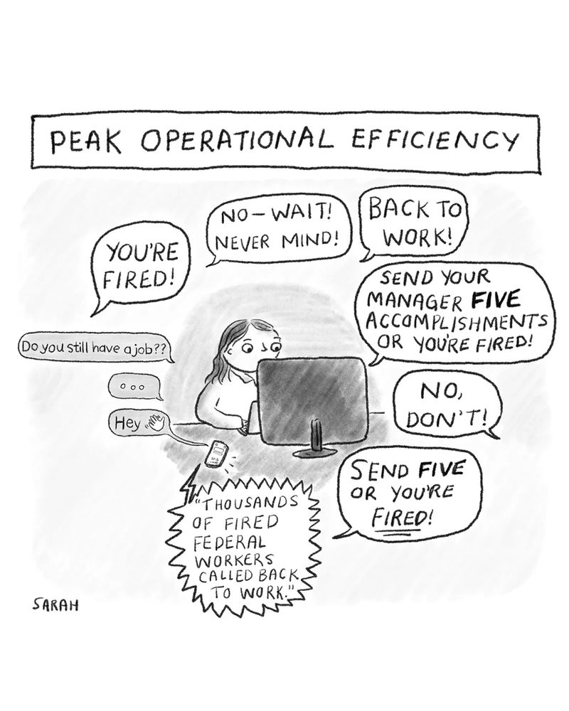 Under the heading “Peak Operational Efficiency,” a person sits at a computer with speech bubbles that say variations of “You’re Fired!” and “Back to Work!,” in addition to directives and retractions regarding sending the manager a list of five accomplishments.