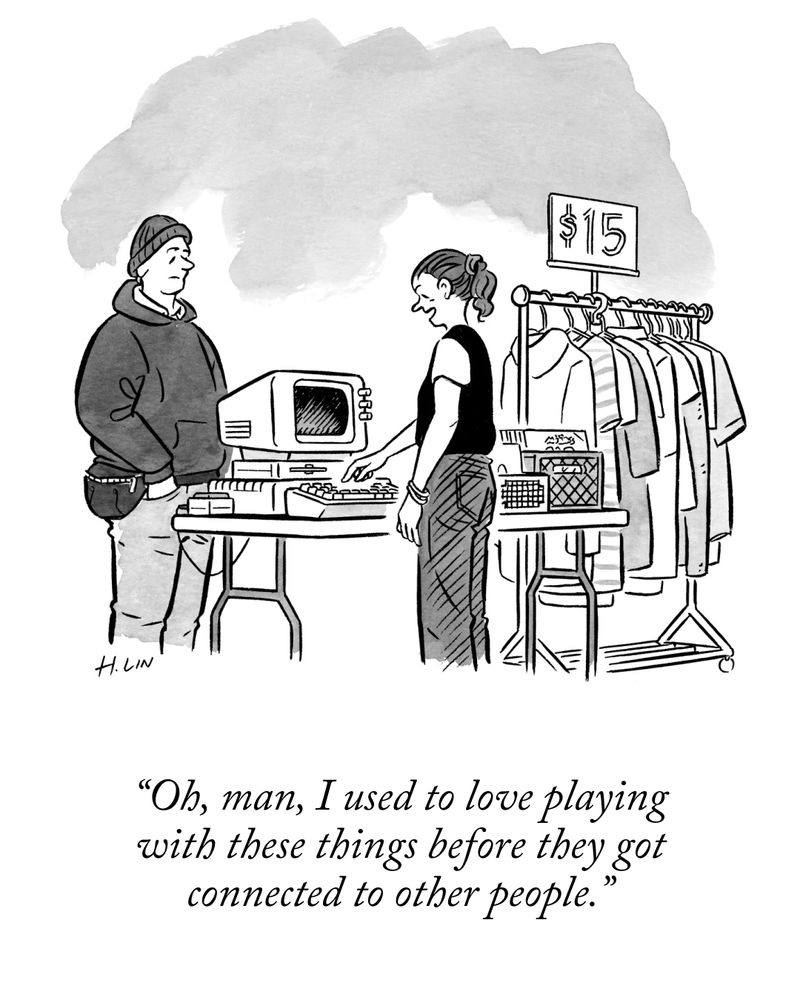 A woman looks at an old desktop computer that is for for sale while talking to a man. She says, “Oh, man, I used to love playing with these things before they got connected to other people.”