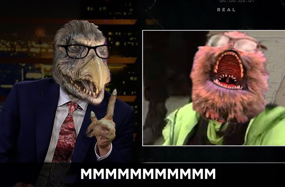 skekSil the Chamberlain (Bill Maher) wags its finger at a crying Fizzgig that didn't invite him to a fancy dinner