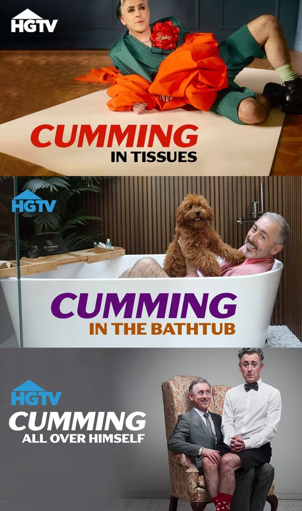 Top panel: Alan Cumming wrapped in tissue
Middle panel: Alan Cumming in the bathtub
Bottom panel: Alan Cumming sitting on his own lap