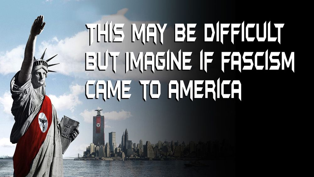 Statue of Liberty doing a Sieg Heil which is subtle compared to what's currently going on over on the other site. Text says "This may be difficult but imagine if fascism came to America"